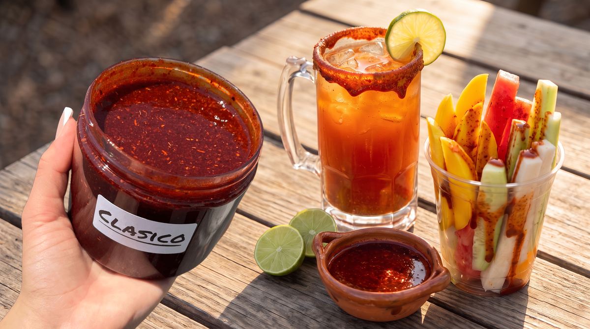 Chilitos Clasico chamoy sauce jar held beside a michelada with a chamoy rim and a cup of fresh fruit on a wooden table