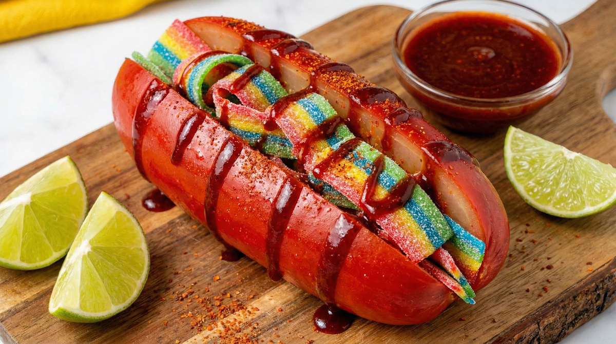 Chamoy pickle stuffed with Chilitos sour belts and drizzled with Chilitos chamoy sauce