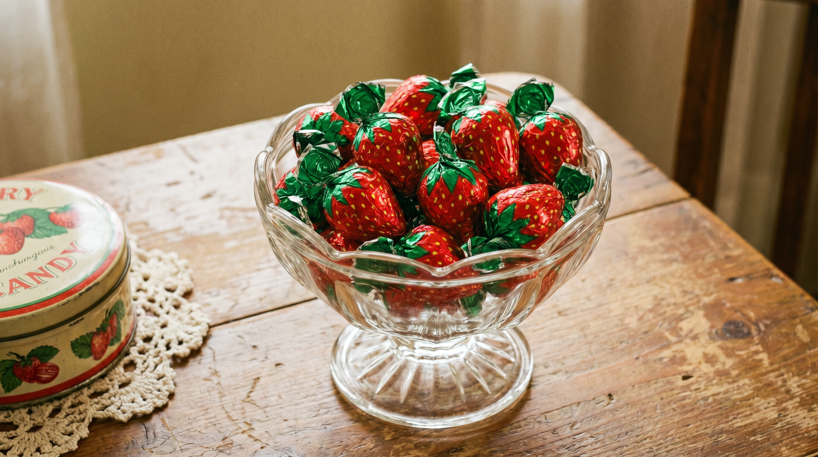 Classic old-fashioned strawberry bon bons with their red and green strawberry-shaped foil wrappers displayed in a glass candy dish