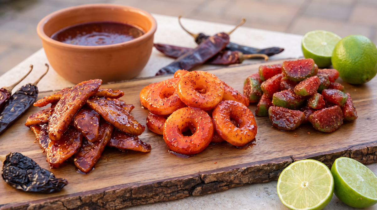Three Chilitos chamoy candy flavors compared: chamoy dried mango, chamoy peach rings and chamoy watermelon gummies on a wooden board