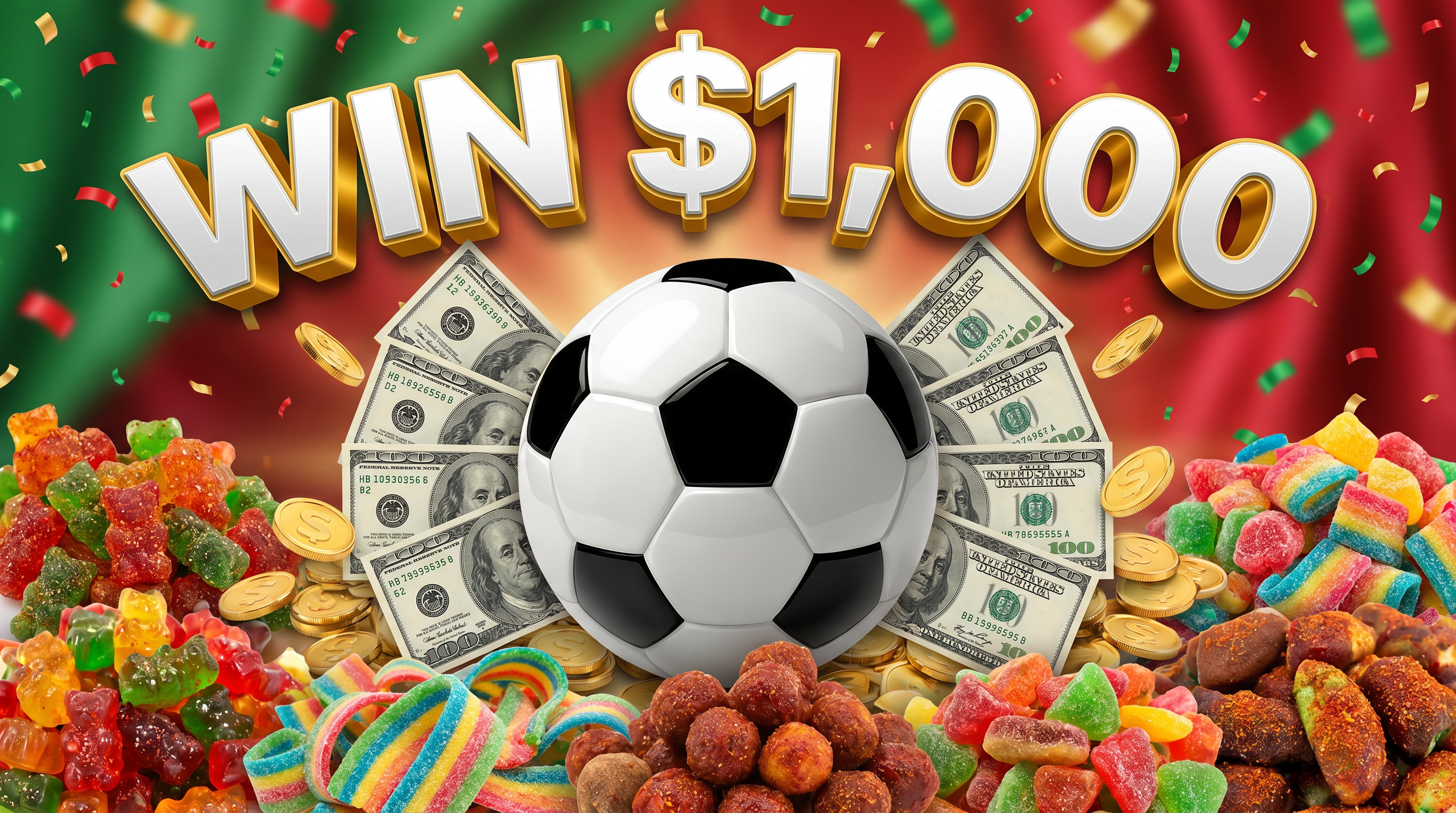 Chilitos $1,000 futbol season giveaway banner with a soccer ball, cash prize, and Mexican candy on a festive green and red background