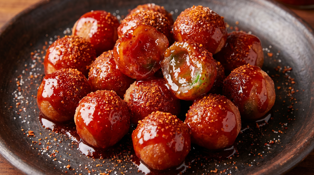 Chilitos Gusher Balls: fruit gushers coated in chamoy and chili in a clay bowl, one split open to show the liquid center