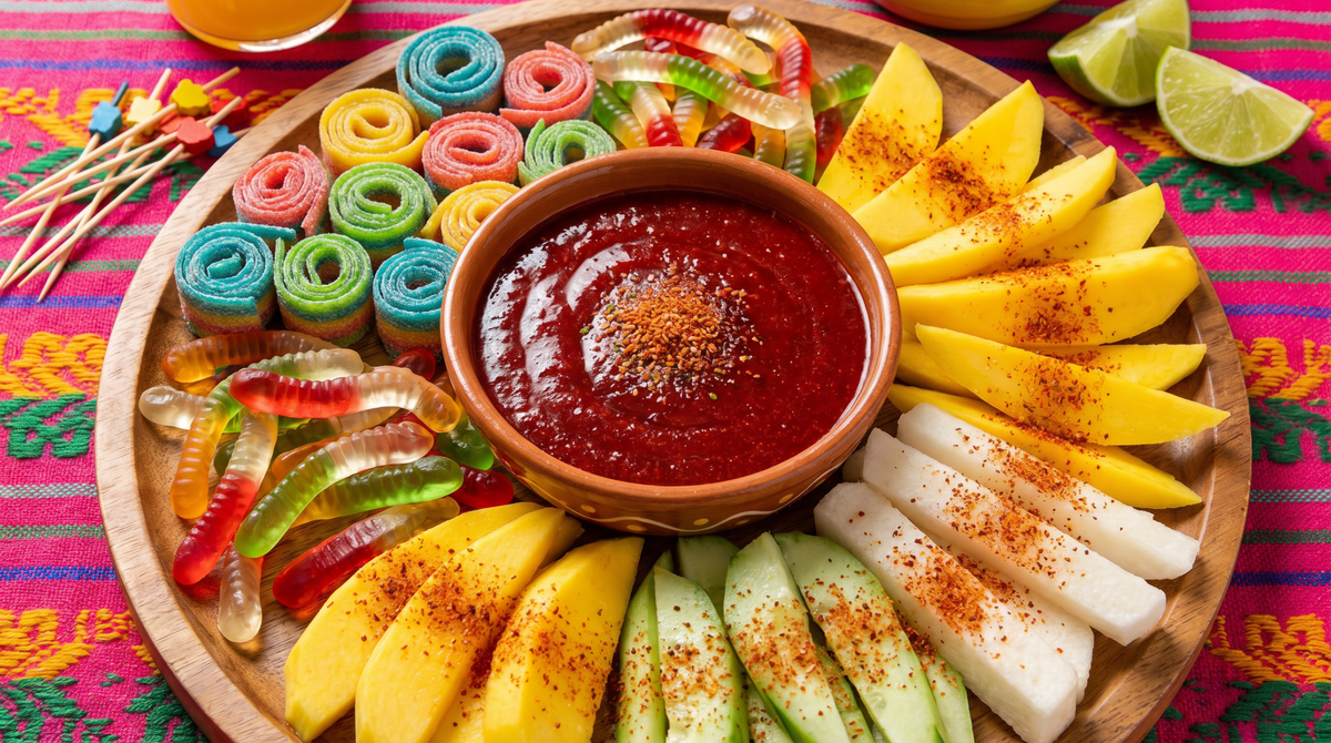 Chilitos Mexican snacks spread: chamoy dipping bowl with sour belts, gummies and fresh fruit