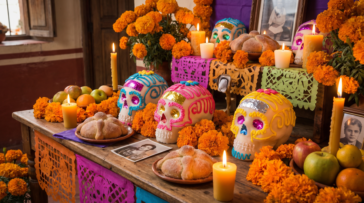 Calaveritas de azucar decoradas en una ofrenda de Dia de Muertos con flores de cempasuchil